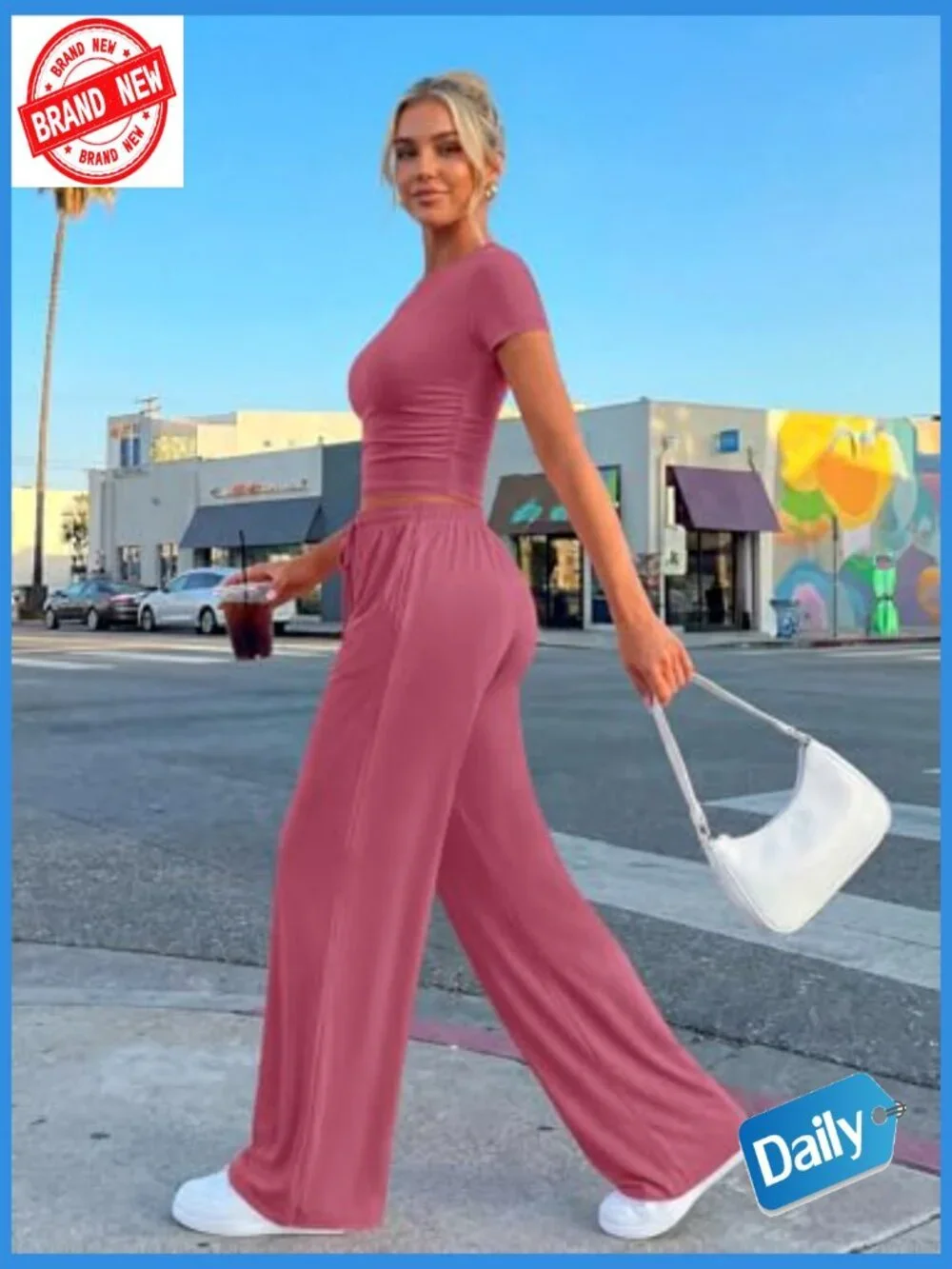 2 Piece Matching Lounge Set Side Ruching Top Wide Leg Pants with Pockets